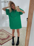 Polo Straight Green T-Shirt Dress Half Sleeves Split Casual Loose Dress Summer 2022 Pockets Oversized Dress