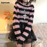 Pink Striped Gothic Sweaters Women Ripped Holes Loose Knitted Pullover Frayed Fairy Grunge Jumpers Emo Streetwear