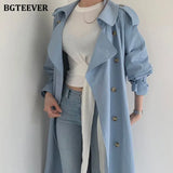 Autumn Winter Elegant Double Breasted Women Long Trench Coats Long Sleeve Loose Belted Split Female Blue