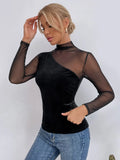Black Sexy Turtleneck Full Sleeves Patchwork Mesh