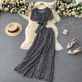 Women Summer Chic Korean Suit Sexy O Neck Chiffon Short Tops+High Waist Wide Leg Split Long Pants Two Piece
