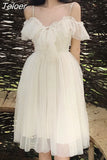 Philosophy Lolita Style Mesh Ruffles Slash Neck Off Shoulder Lace Up Women Summer White Dress Spaghetti Strap