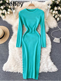 Women Autumn Knitted Dress Long Sleeve O Neck Elastic Slim Pencil Dress Korean Style Sexy Bodycon Sweater