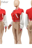 White Color Block Splice Baseball Coat Women Casual Single-breasted Full Sleeve Jacket Active Wear Running Cropped