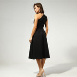 party French One-Shoulder A-Line Dress Woman Diagonal Collar Sleeveless High Waist Office Lady Mid-Calf Dress 2022 New