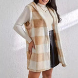 And Winter Fashion Burst Temperament Cardigan Two-Color Lattice Hooded Lady Plush Vest Coat