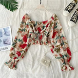 Wooden Ear Print Blouse Holiday Beach Style Slim Fit Pleat Blusas Square Collar Off Shoulder Chiffon Shirt