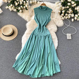 Summer Women Pleated Long Dress Vintage Stand Collar Sleeveless High Waist Draped Patchwork Vestidos Female Green/Red Robe