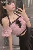 Sweet Blouses Women Patchwork Lace Off Shoulder Backless Shirts Crop Tops Chic Folds Puff Sleeve Sexy Y2k Blusas