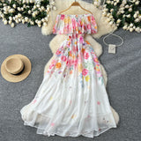 Holiday Style Shoulder Lotus Leaf Side To Receive Waist Temperament Long Swing Print Chiffon