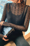 Autumn women Long Sleeve Turtleneck Lace Shirt Sexy Blouse lady Slim Blouse Perspective Mesh female Shirts