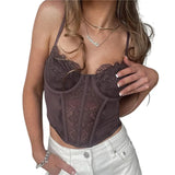 Sexy Lace Corset Cami Hollow Out Tank Top Female See Through Club Party Streetwear Sleeveless Slim Black Goth Crop