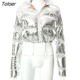 Warm Winter PU Leather Silver Hoodie Cropped Parka Streetwear Bubble Puffer Jacket with Hat Womens Thick Coat