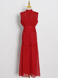 Toloer Dress Dress 2024 Summer New Temperament Smoke Pleated Sleffess Advanced Sense Chiffon Waist Show Thin And Versatile-Outfit