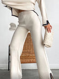 Women Casual Contrast Slit Sweater Suits O-Neck Knitted Pullover And Wide Leg Pants Female 2 Piece Set Elegant Warm Lilac