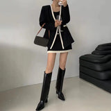 TWOTWINSTYLE Colorblock Two Piece Sets For Female V Neck Long Sleeve Coat With High Waist Skirt Women's Casual Suits Fashion