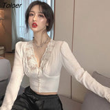 Women Vintage Lace Lovely Sweet Ulzzang Street Style Slim Tops Hot All-match Classy Retro Kawaii Tender V-neck