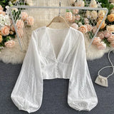 Sexy Hollow Out Women's Blouse Elegant Deep V-Neck Slim Short Shirts Female Puff Long Sleeve White Tops Autumn 2022 Blusas