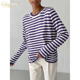 Fashion Blue Stripe Tee Women T-Shirts Winter O-Neck Long Sleeve T Shirt Elegant Loose Knit Sweater Female Clothing