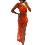Dresses for Women y2k Fly Sleeve V Neck See Through Asymmetric Sheer Dress Slim Fit Long Dress Evening Party