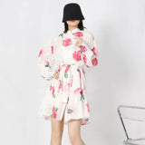 TWOTWINSTYLE Loose Mini Dress For Women Stand Collar Long Sleeve High Waist Print Floral Colorblock Dresses Female Clothing