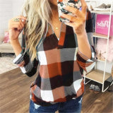 Size Women's Blouse Shirts Autumn Long Sleeve V-neck Loose Tops Elegant Ladies Office Blouses Womens Plaid Tops and