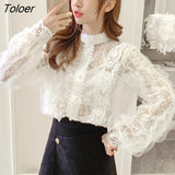 Vintage Crochet Women's Shirts Stand Collar Loose White Blouse See-through Lace Stitching Long Sleeve Shirt Tops