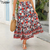 Boho Retro Floral Print Skirts Women 2023 Summer High Waist A-Line Pleated Long Skirts Casual Holiday Beach