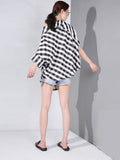 Women Black Plaid Big Size Blouse New Stand Collar Three-quarter Sleeve Loose Fit Shirt Fashion Spring Autumn 2023