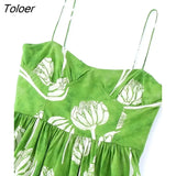 Women Fashion Floral Print Pleats High Waist Big Swing Sling Midi Dress Female Chic Spaghetti Strap Party Vestidos
