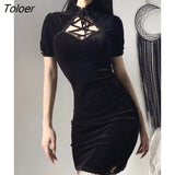 Chinese Cheongsam Dress Qipao Spring 2023 Gothic Cut Out Short Sleeve Bodycon Wrap Sexy Mini Short Dress