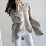 V-Neck Solid Color Loose Sweater-Outfit