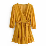 New Summer Women Ruffles Lace Chiffon Dress Boho Mini Beach Dress Three Quarter Sleeve Ladies Party Dresses