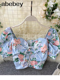 Short Blouses Women Fashion Sexy Bandage Crop Top Summer Vintage Gothic Shirt Ladies Flower Print Top