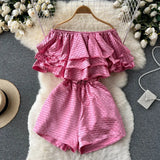 Sexy Slash Neck Off Shoulder Ruffle Rompers Women Summer Elegant High Waist Wide Leg Playsuits Green/White/Black Jumpsuits