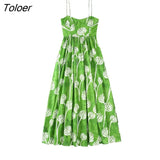 Women Fashion Floral Print Pleats High Waist Big Swing Sling Midi Dress Female Chic Spaghetti Strap Party Vestidos