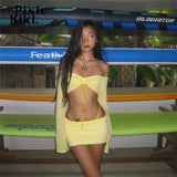 Y2k Sexy Two Piece Short Sets Womens Outifits Yellow Off Shoulder Long Sleeve Crop Top and Skirts Sets