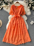 Green/White/Pink Summer New Lace Embroidery Dress Women Short Sleeves Dresses Female Vintage Party Beach Maxi Long