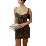 Aesthetic Fairycore Dress 2000s Women Plaid Tie Up Sling Sleeveless Mini Dress Summer y2k E Girl V Neck Bodycon