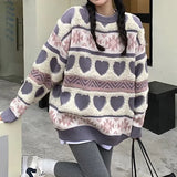 Winter Warm Oversized Sweater Sweet Vintage Stripes Embroidery Casual Pullover Knitted Sweater Streetwear Harajuku