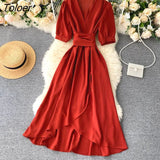 Lace-up Green Dress Women Summer 2023 Short Sleeve Ruffle Solid Woman Dress V Neck Irregular Casual Long Dresses