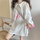 Kawaii White Hoodies Women Japanese Cute Heart Print Off-shoulder Long Sleeve Sweatshirt Soft Girl Korean Fashion
