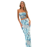 Toloer Women's Fashion Print Strapless Hip Skirt Set Spring / Summer 2024 New Slim Two Sets For Women-Outfit