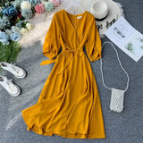 Vintage V Neck Autumn Midi Long Bandage Dress Party Vestido De Festa Evening Women Casual High Waist Elegant A-Line