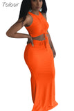 Orange Ruched Drawstring Sleeveless Tank Top and High Waist Mermaid Maxi Skirt for Women Elegant Body-shaped Two Pcs