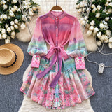 Spring Dress Women's New Dress Elegant Collar Lantern Sleeves To Close The Waist Print Lotus Leaf Side