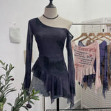 Tie Net Yarn Oblique Shoulder Babes Sexy Body-On-Sleeve Horn Irregular Top