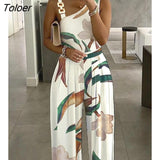 Long Women's Overalls Plants Print Asymmetrical Neck Wide Leg Jumpsuit High Waist Woman Jumpsuit Sleeveless Rompers