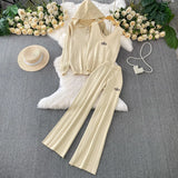 Three-Piece Women's Winter Casual Zipper Knitted Coat + Embroidered Vest + High-Waisted Wide