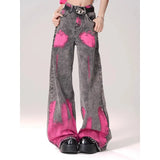 Street Graffiti-Print Straight Jeans Women High-Rise Thin Legs Loose-Fall Tug On The Ground Long Pants
